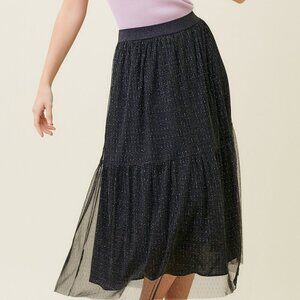 MYSTREE Black Sparkle Mesh Midi Skirt | Shimmer Tiered Tulle | Boutique Trendy